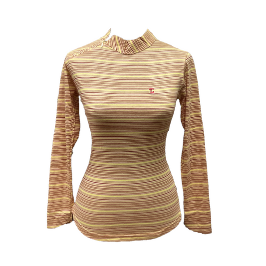 LT-128 || Ladies top yellow with red horizontal stripes reglan long sleeve w angle zip turtleneck