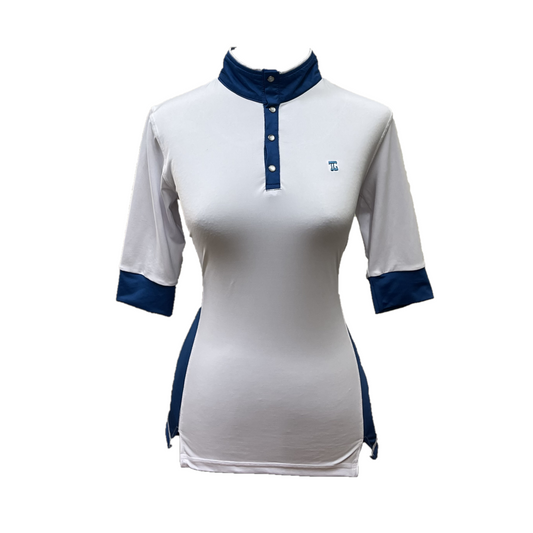 LT-129 || Ladies top white half length sleeve, mock neck snap fastened blue under arm neck and sleeve panels