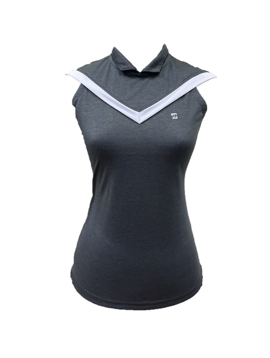 LT-130A || Ladies Top Sleeveless Blue Two-tone Yellow and White V Chest Stripes Trim Mandarin Neck & Rear Zip