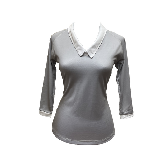 LT-133 || Ladies top grey with white trim 3/4 sleeve rear white panel