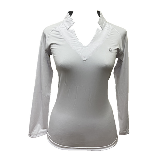 LT-134 || Ladies top plain white long sleeve with V neck exposed overlock front and rear dry fit panels