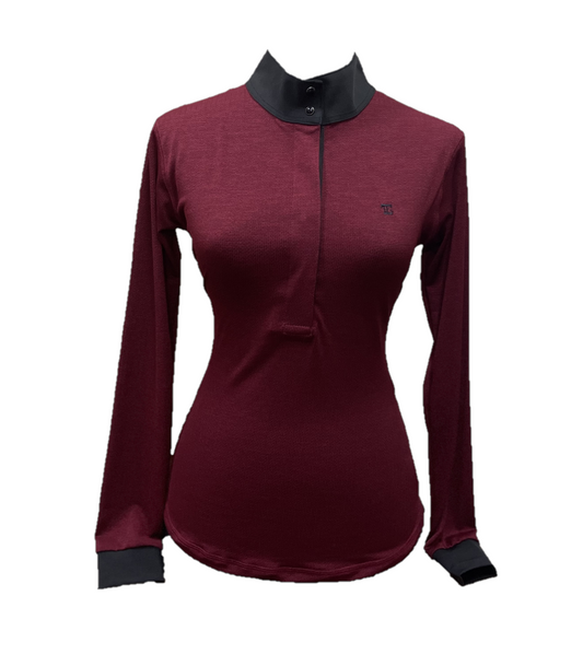 LT-139A || Ladies Top Long Sleeve Maroon w Black Horiz Dashed Stripes with Collar and Sleeve Trim Black and Snap Pearl Buttons
