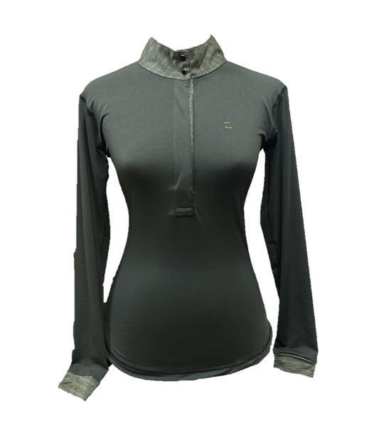 LT-139 || Ladies Top Long Sleeve Army Green with Collar and Sleeve Trim Green Motif and Snap Pearl Buttons