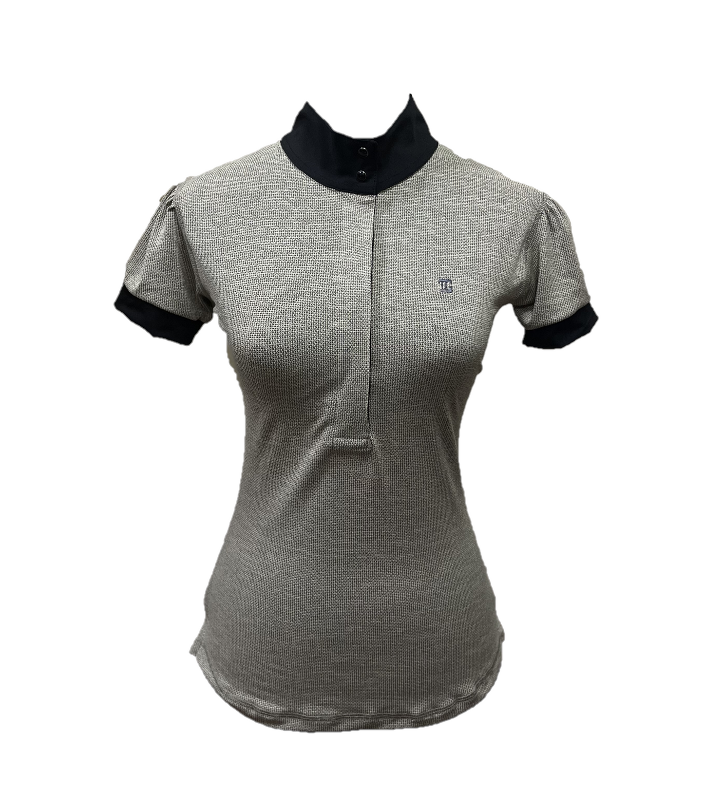 TG-LT-140 || Ladies Top Short Sleeve Grey w Black Horiz Dashed Stripes with Collar and Sleeve Trim Black