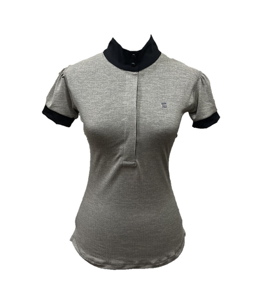 TG-LT-140 || Ladies Top Short Sleeve Grey w Black Horiz Dashed Stripes with Collar and Sleeve Trim Black