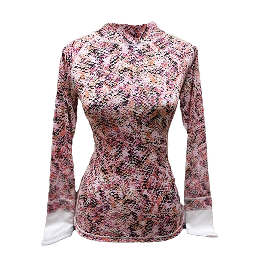 LT-117G || Ladies top long sleeve soft feel pink modern batik with white trim