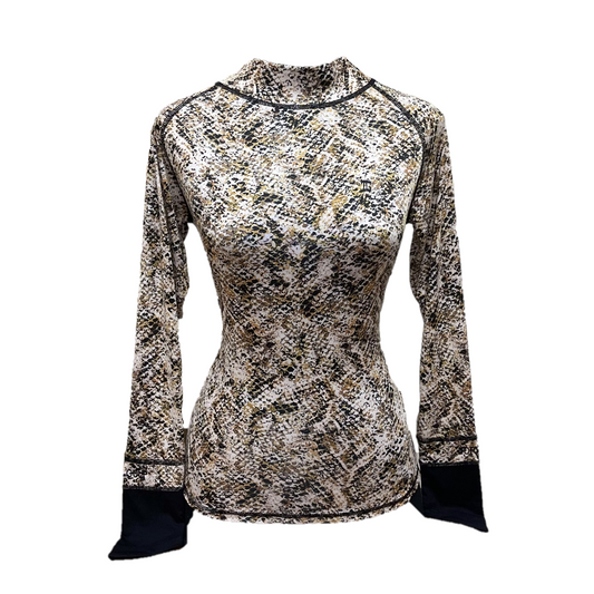 LT-117H || Ladies top long sleeve soft feel cream and black modern batik with white trim