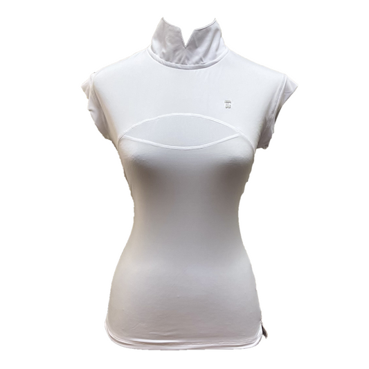 LT-122 || Ladies top plain white short sleeve with mandarin neck exposed overlock front and rear dry fit panels