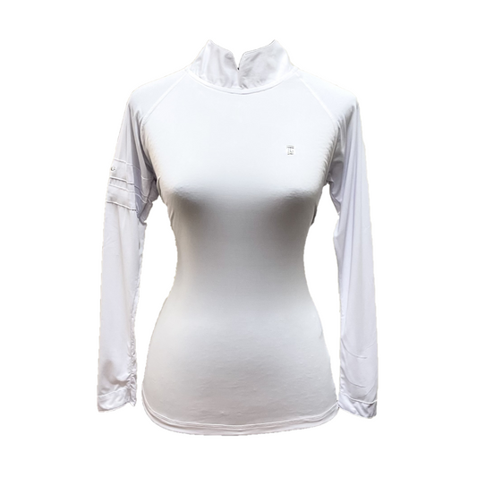 LT-123 || Ladies top plain white long sleeve with mandarin neck exposed overlock front and rear dry fit panels