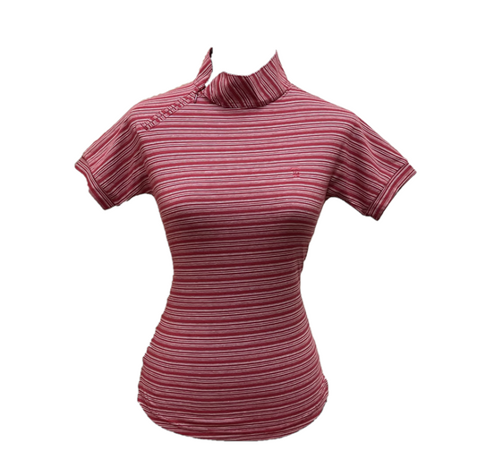 LT-124A || Ladies top dark red with white horizontal stripes reglan short sleeve w angle zip turtleneck