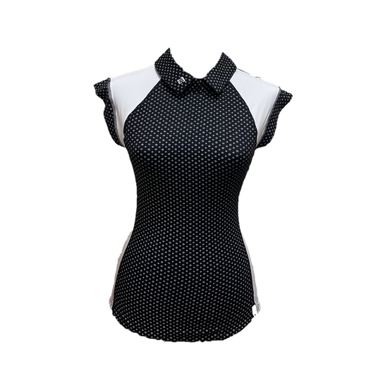 LT-125A || Ladies top black with small star motif short sleeve w white shoulder saddle on front and back panels - rear zip peter pan collar