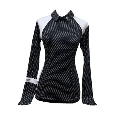 LT-126B || Ladies top black with small star motif long sleeve w white shoulder saddle on front and back panels -  rear zip peter pan collar