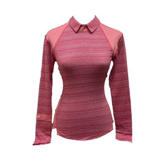 LT-126 || Ladies top pink with dark pink & white horizontal stripes long sleeve w mid pink shoulder saddle on front and back panels - rear zip peter pan collar