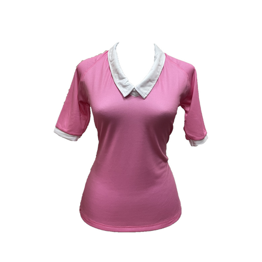 LT-132 || Ladies top pink with white trim elbow length sleeve rear white panel