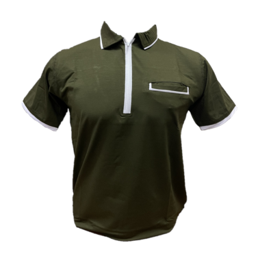 MT-Men top army green with white piping trim front left side pocket and white zip