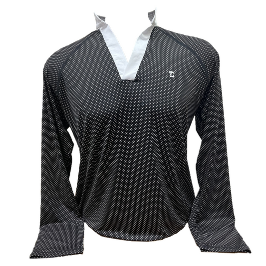 MT-031A || Men top black and white polkadots motif long sleeve with white trim