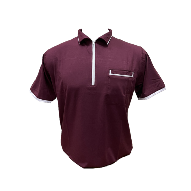 MT-Men top maroon with white piping trim front left side pocket and white zip