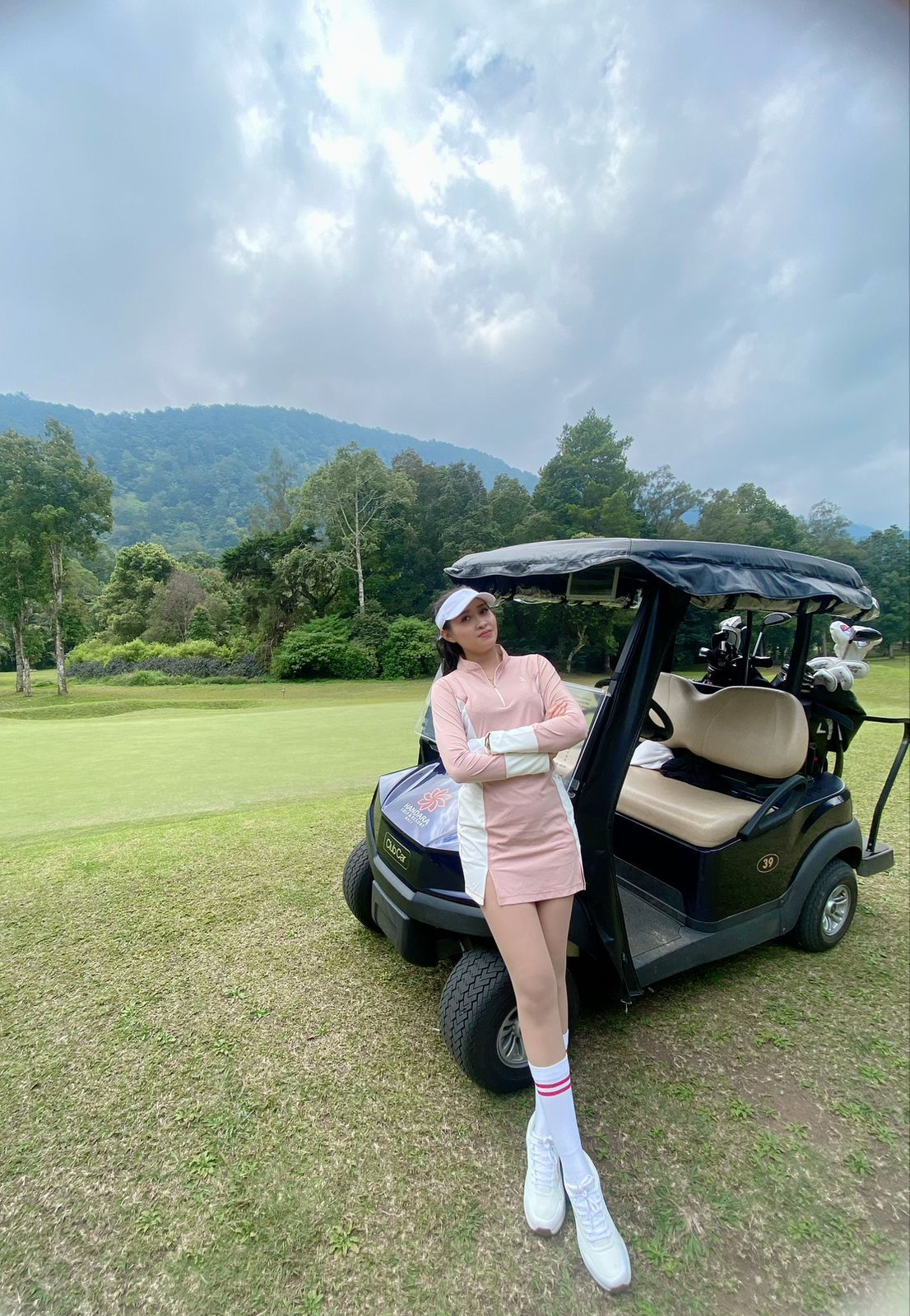 GD-016B || Golf Dress Long Sleeved Pink Nude with White Half Belted Waist Cuffs, Underarm Side Panels Zippered Mandarin Type Collar with Peaked Back  Section