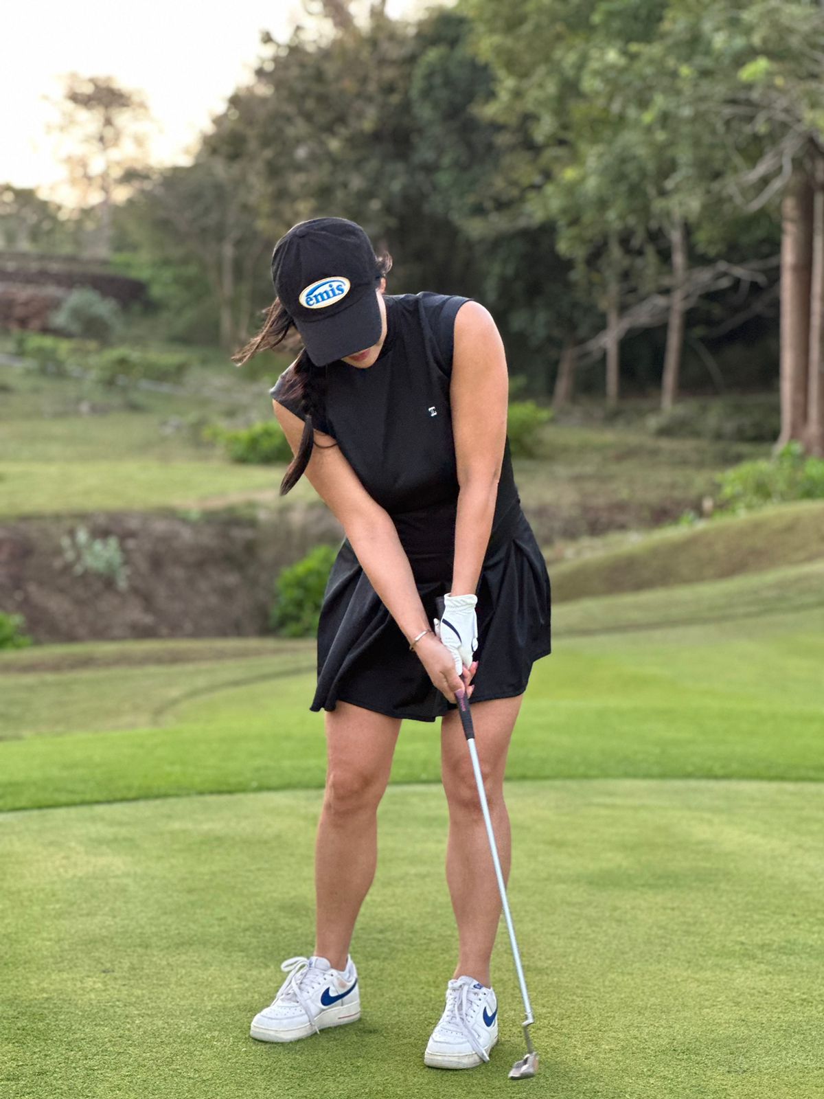 GD-028D || Golf Dress Soft Feel Dry Fit Type Material All Black Short Sleeve Mandarin Neck 1 Side Pockets 1/3 Lower Pleated / Swing Section