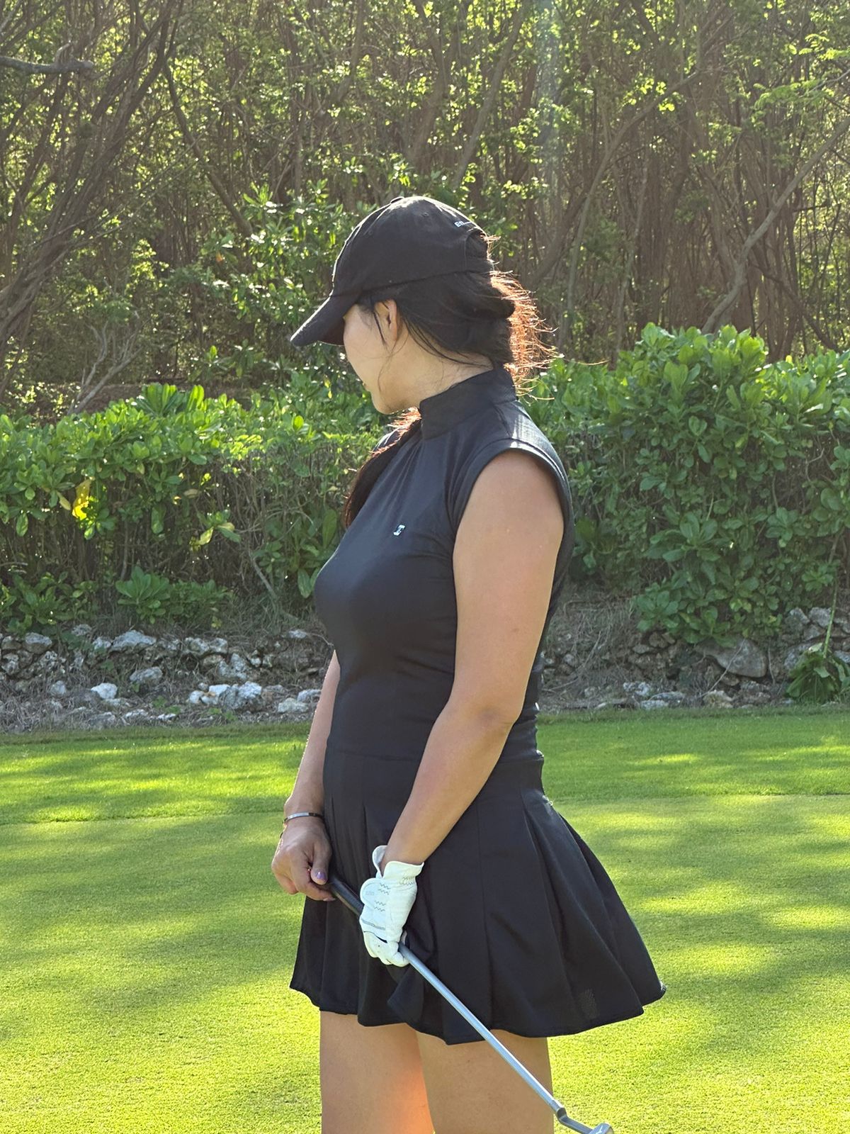 GD-028D || Golf Dress Soft Feel Dry Fit Type Material All Black Short Sleeve Mandarin Neck 1 Side Pockets 1/3 Lower Pleated / Swing Section