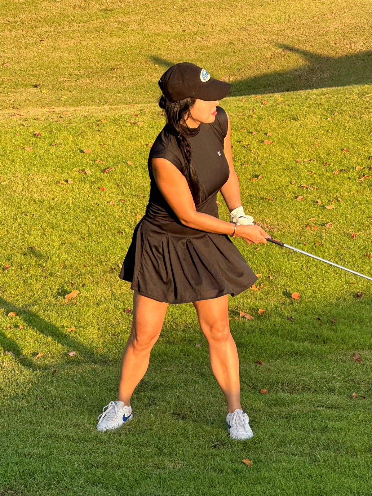 GD-028D || Golf Dress Soft Feel Dry Fit Type Material All Black Short Sleeve Mandarin Neck 1 Side Pockets 1/3 Lower Pleated / Swing Section