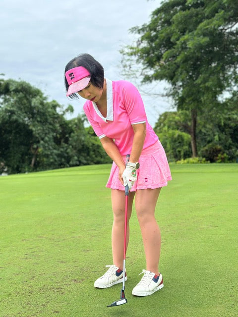 LT-132 || Ladies top pink with white trim elbow length sleeve rear white panel