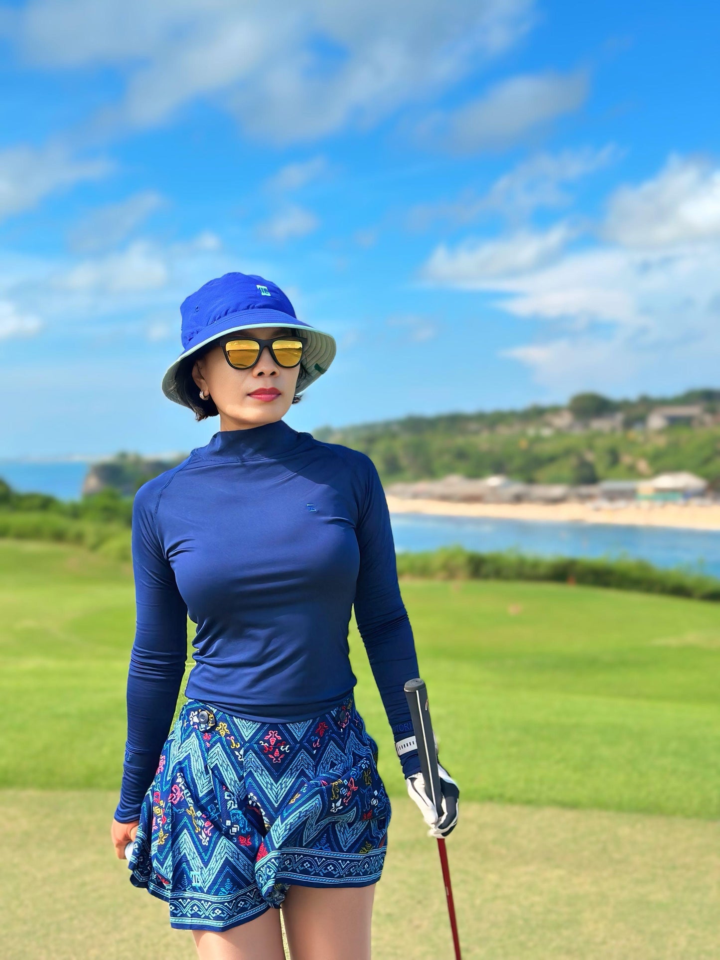 LS-083H || Skirt Royale Blue, Baby Blue and Red Modern Indonesian Batik Pattern (Dominant Yellow W Motif) Side Button Waist Fastening Large Knife Pleated