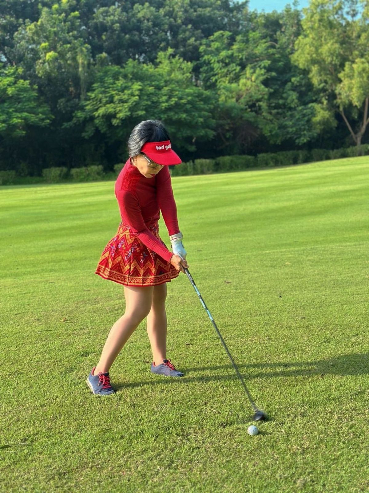 LS-083F || Skirt Red, Yellow and Blue Modern Indonesian Batik Pattern (Dominant Yellow W Motif) Side Button Waist Fastening Large Knife Pleated