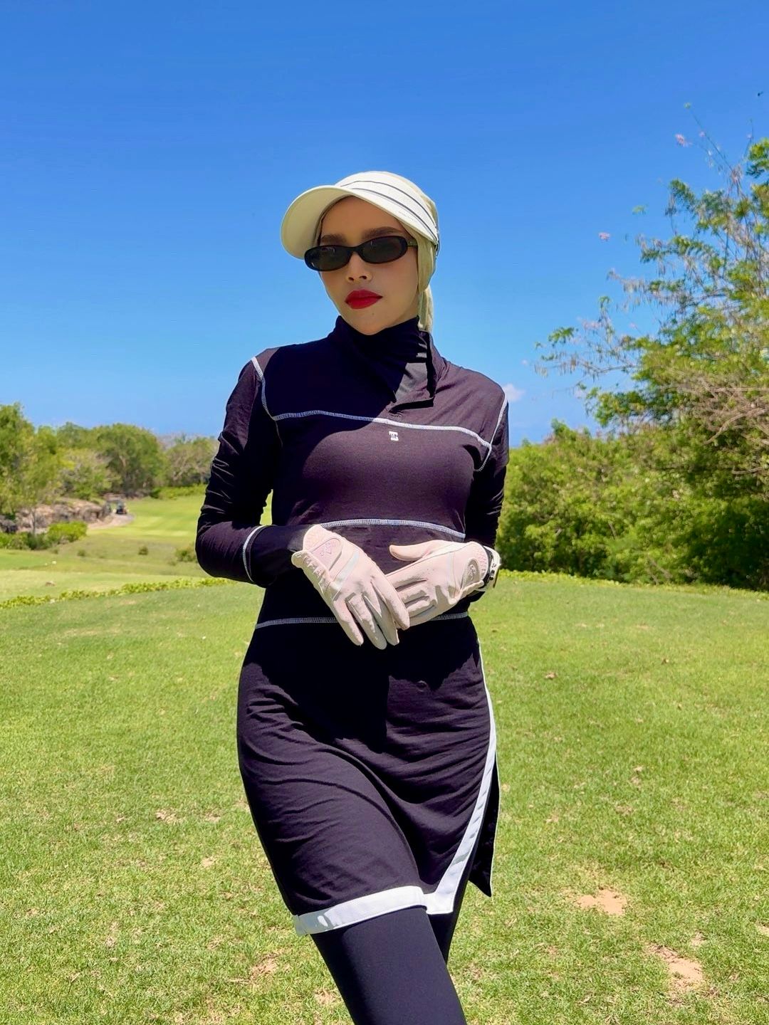 GD-027 || Golf Dress Navy, Open V Neck Mandarin Collar Pleated Swing Hem with White, Black Purple &amp; Blue Triangle Pattern Breathable Underarm and Hip Trim, 2 Side Long Sleeve