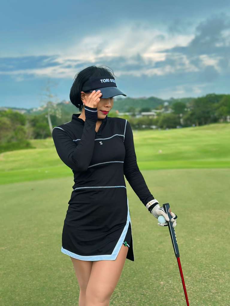 GD-027 || Golf Dress Navy, Open V Neck Mandarin Collar Pleated Swing Hem with White, Black Purple &amp; Blue Triangle Pattern Breathable Underarm and Hip Trim, 2 Side Long Sleeve