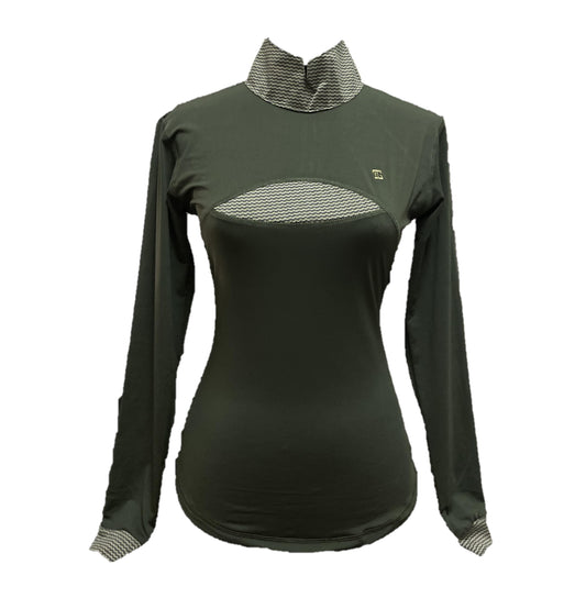 LT-141 || Ladies Top Long Sleeve Army Green Top with an Open Mandarin Collar with a Combination of Light Green and White Motifs on The Front and a Combination at The End of The Sleeves