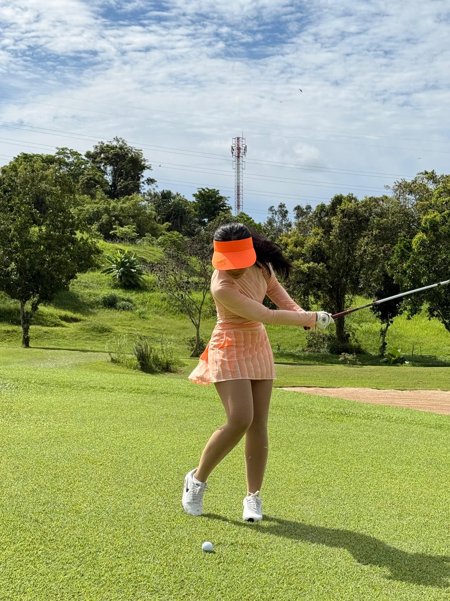LS-043P || Skirt Mid Orange with White Vertical Stripes (Horiz at Waist Band) and Small Horizontal Breathing Openings All Around Pleated Rear Panel and Two Side Pockets