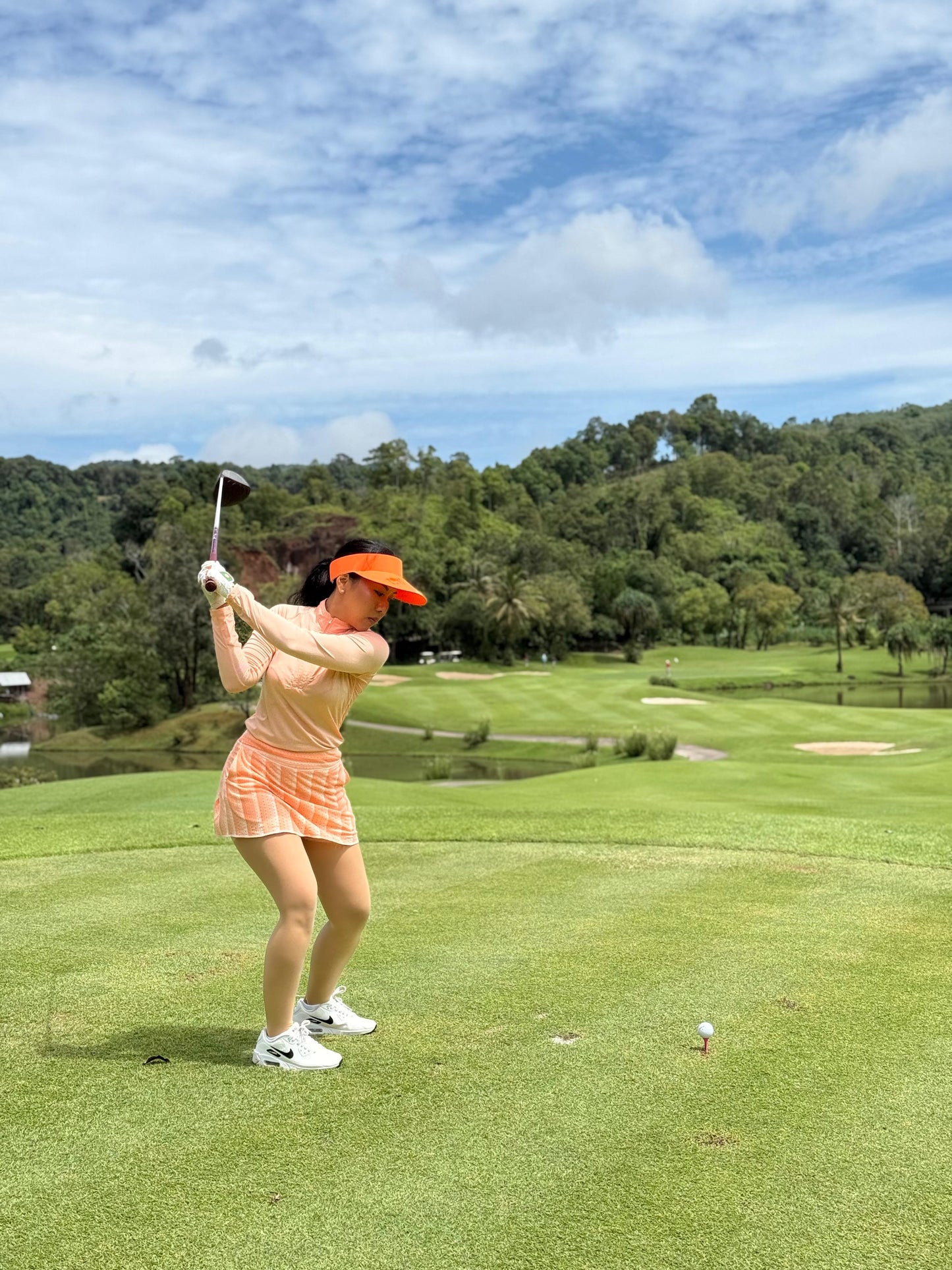 LS-043P || Skirt Mid Orange with White Vertical Stripes (Horiz at Waist Band) and Small Horizontal Breathing Openings All Around Pleated Rear Panel and Two Side Pockets