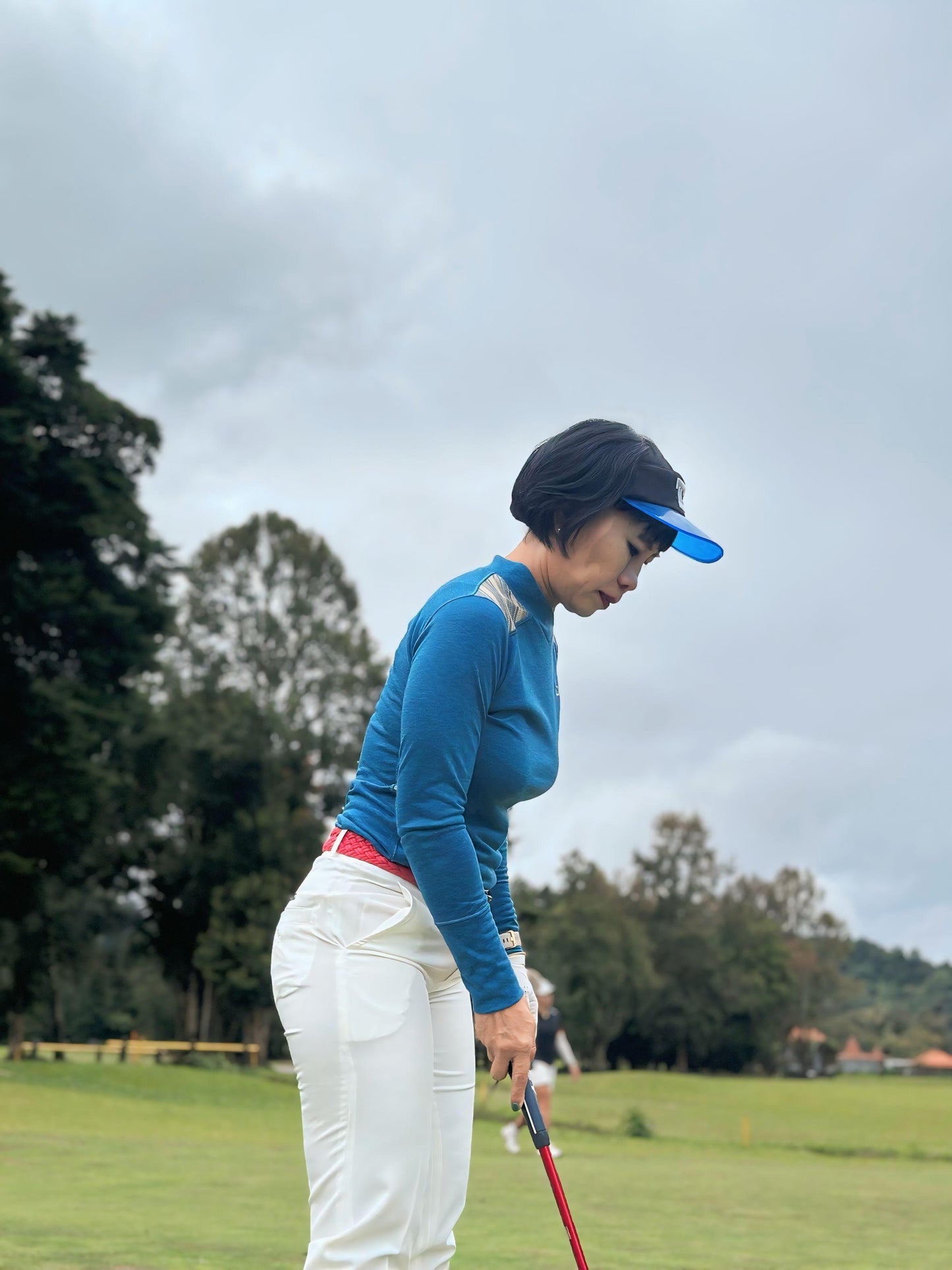 LT-100E || Ladies Top Ladies Top Blue with Red Cream Batik Side Panel & Shoulders Slash Round with V Featured Collar / Panel Neck