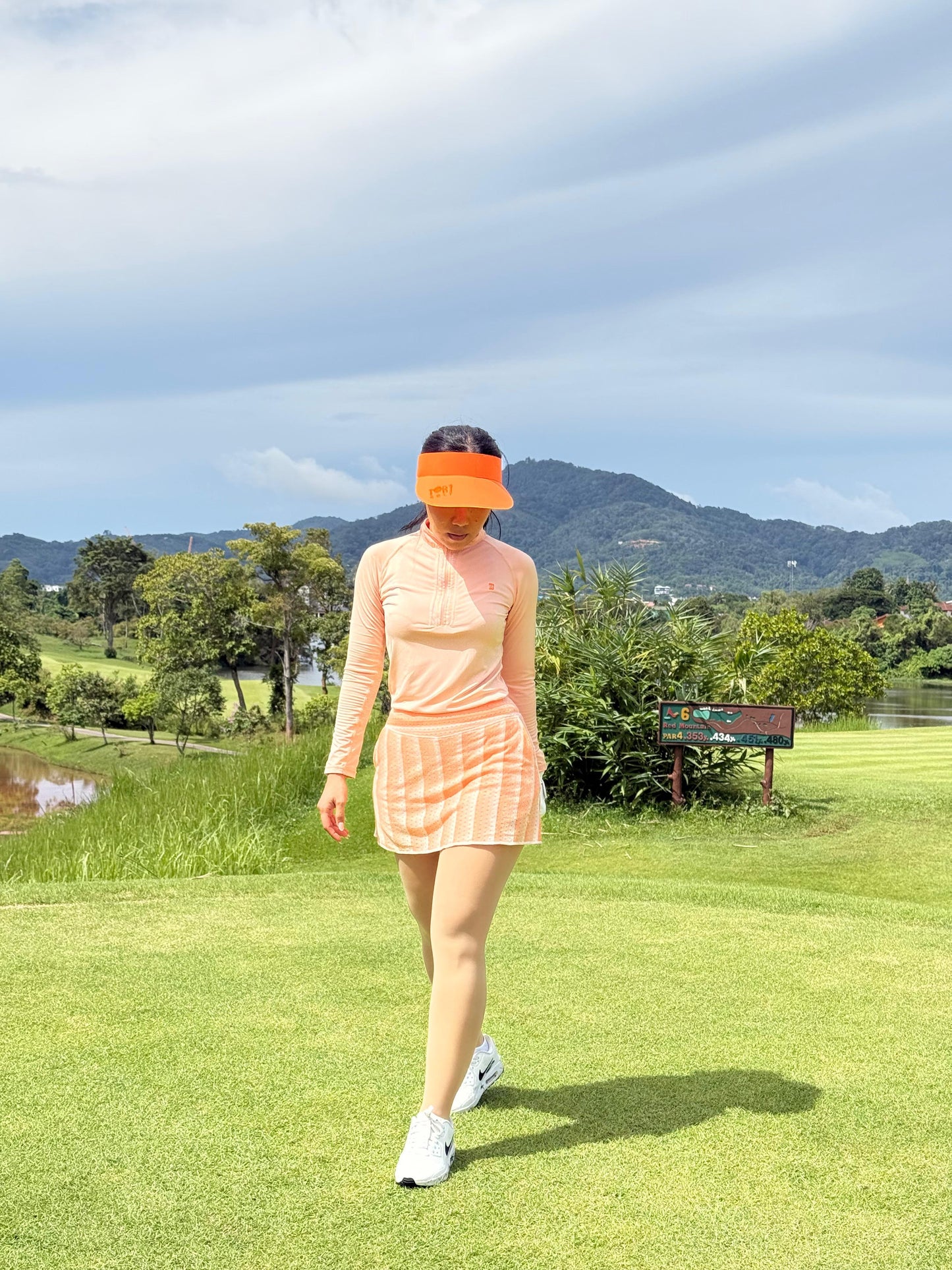 LS-043P || Skirt Mid Orange with White Vertical Stripes (Horiz at Waist Band) and Small Horizontal Breathing Openings All Around Pleated Rear Panel and Two Side Pockets