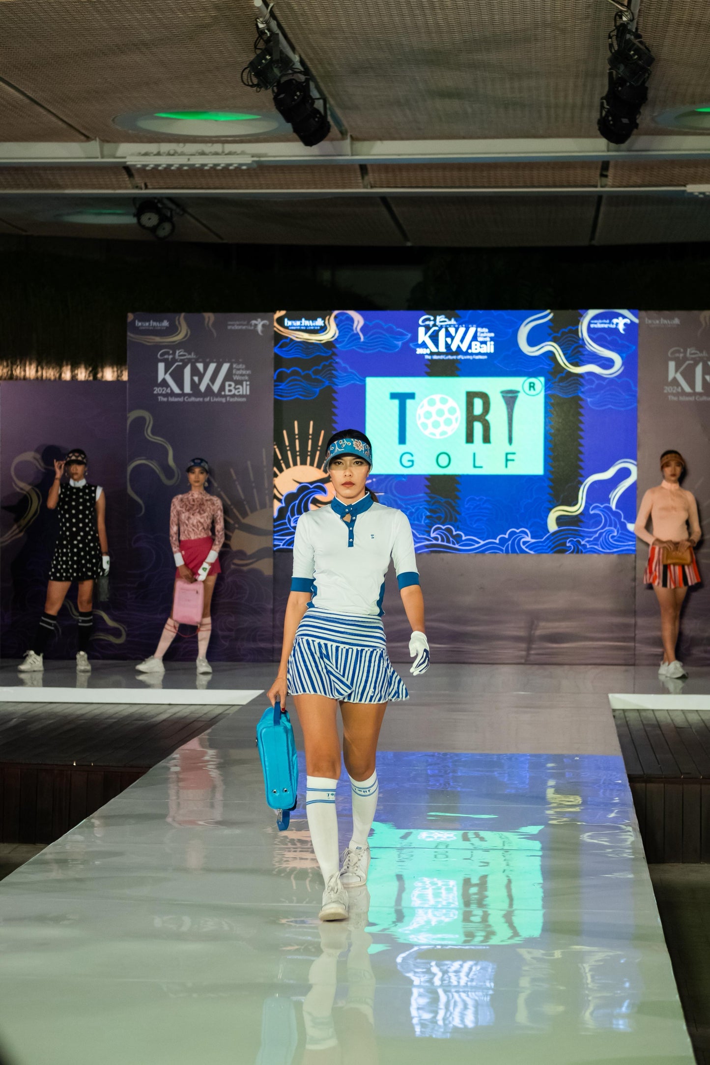 LS-074E || Skirt White with Royale Blue Lace Combination Stripes and White Blue Horizontal Waist Beading and Four Box Pleats from The Hip