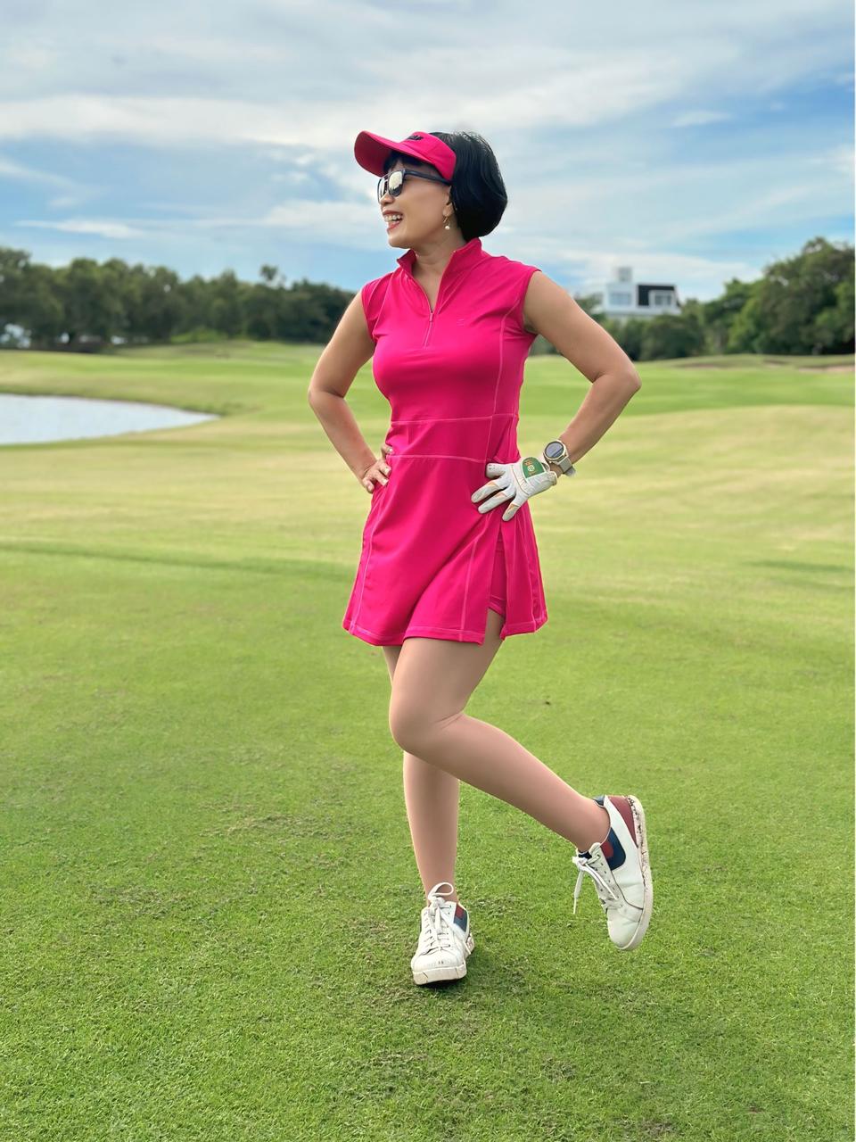 GD-035A || Golf Dress Magenta Pink Sleeveless, with Zipper Mock Polo Neck with Light Pink Overlock Stitching and Two Folds on The Bottom Side