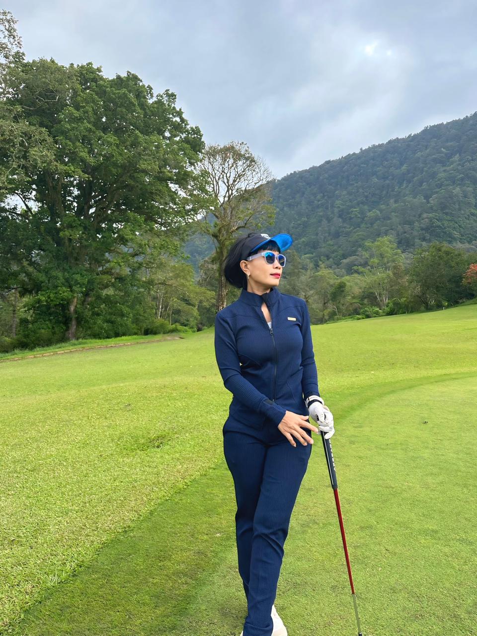 LGS-024 || Golf Set - Navy Color Long Sleeve and Mock Neck Top with a Black Double Sliders Zipper, Polyester with Embossed Fabric and Navy Straight Slim Fit Trousers with Belt Loop at the Waist