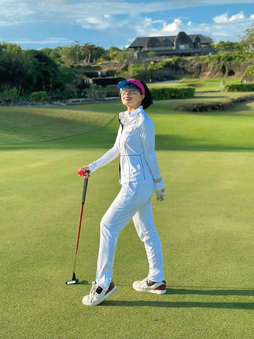 LGS-024A || Golf Set - White Color Long Sleeve and Mock Neck Top with a Black Double Sliders Zipper and Thread Stitching Patterns, Polyester with Embossed Fabric and White Straight Slim Fit Trousers with Belt Loop at the Waist