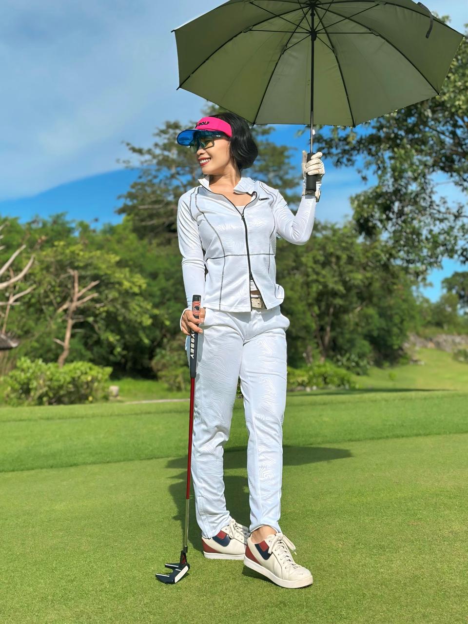 LGS-024A || Golf Set - White Color Long Sleeve and Mock Neck Top with a Black Double Sliders Zipper and Thread Stitching Patterns, Polyester with Embossed Fabric and White Straight Slim Fit Trousers with Belt Loop at the Waist