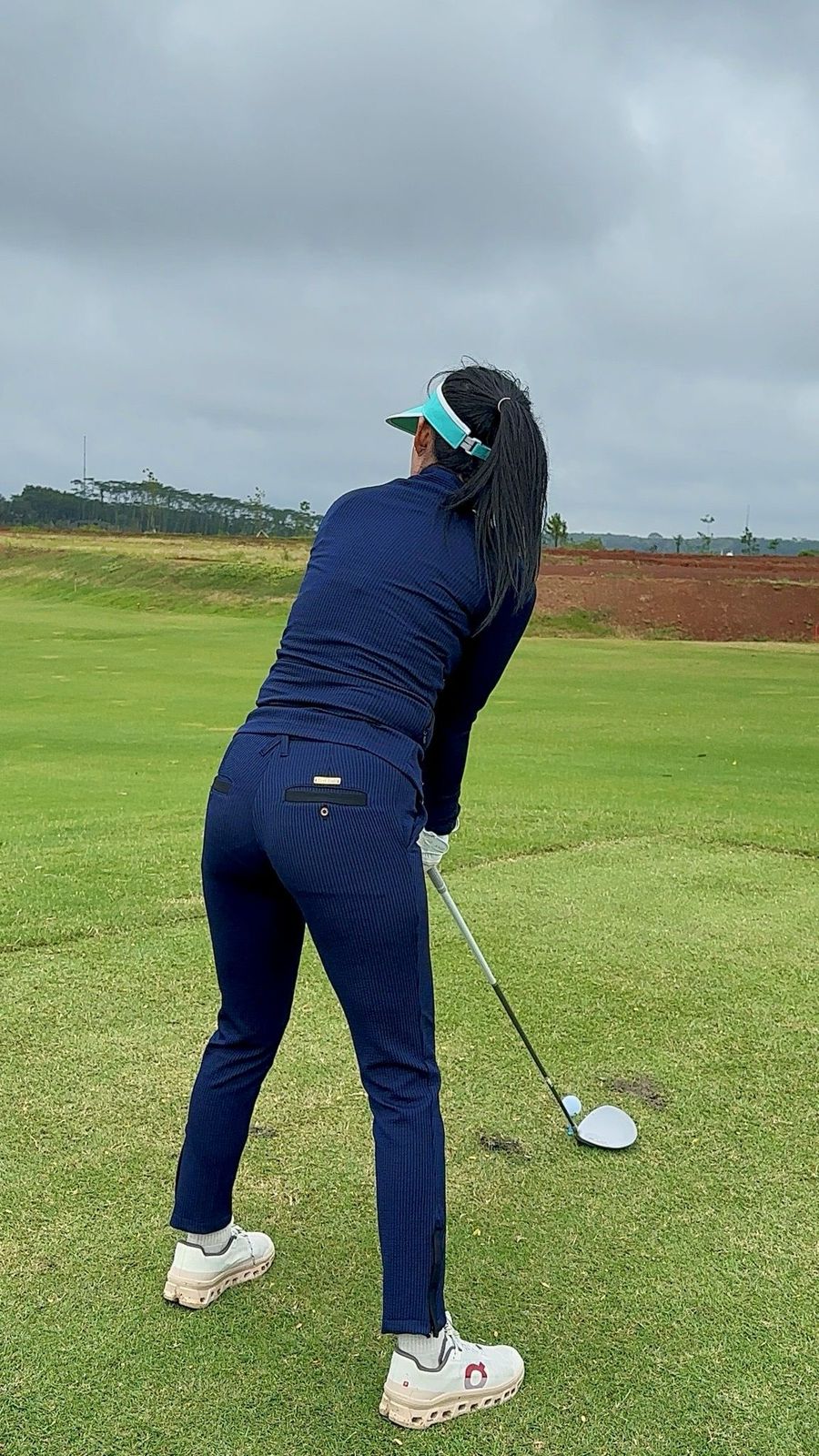 LGS-024 || Golf Set - Navy Color Long Sleeve and Mock Neck Top with a Black Double Sliders Zipper, Polyester with Embossed Fabric and Navy Straight Slim Fit Trousers with Belt Loop at the Waist