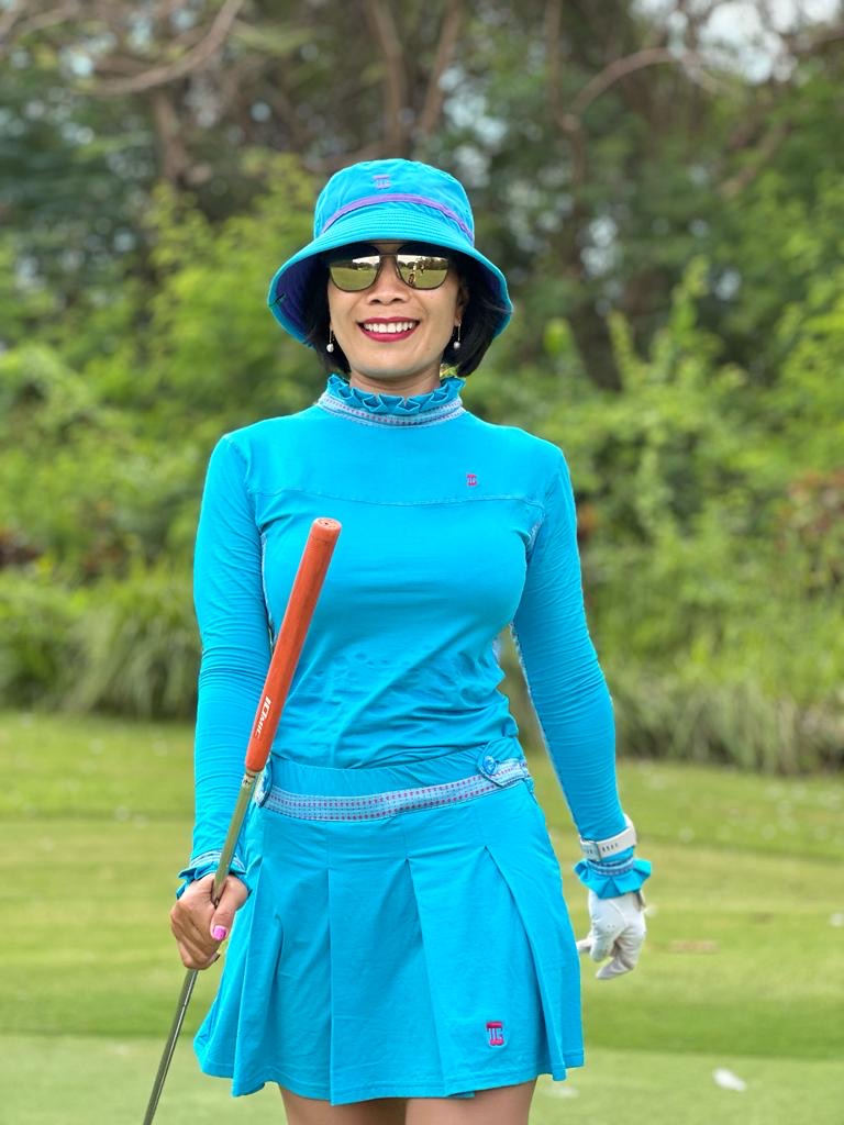 LGS-017A || Golf Set (Top & Skirt) Turquoise with Blue and Pink Dotted Underarm Breathable Material Panels & Vertical Pleated / Frilled Crewneck and Pleated / Frilled Long Sleeve