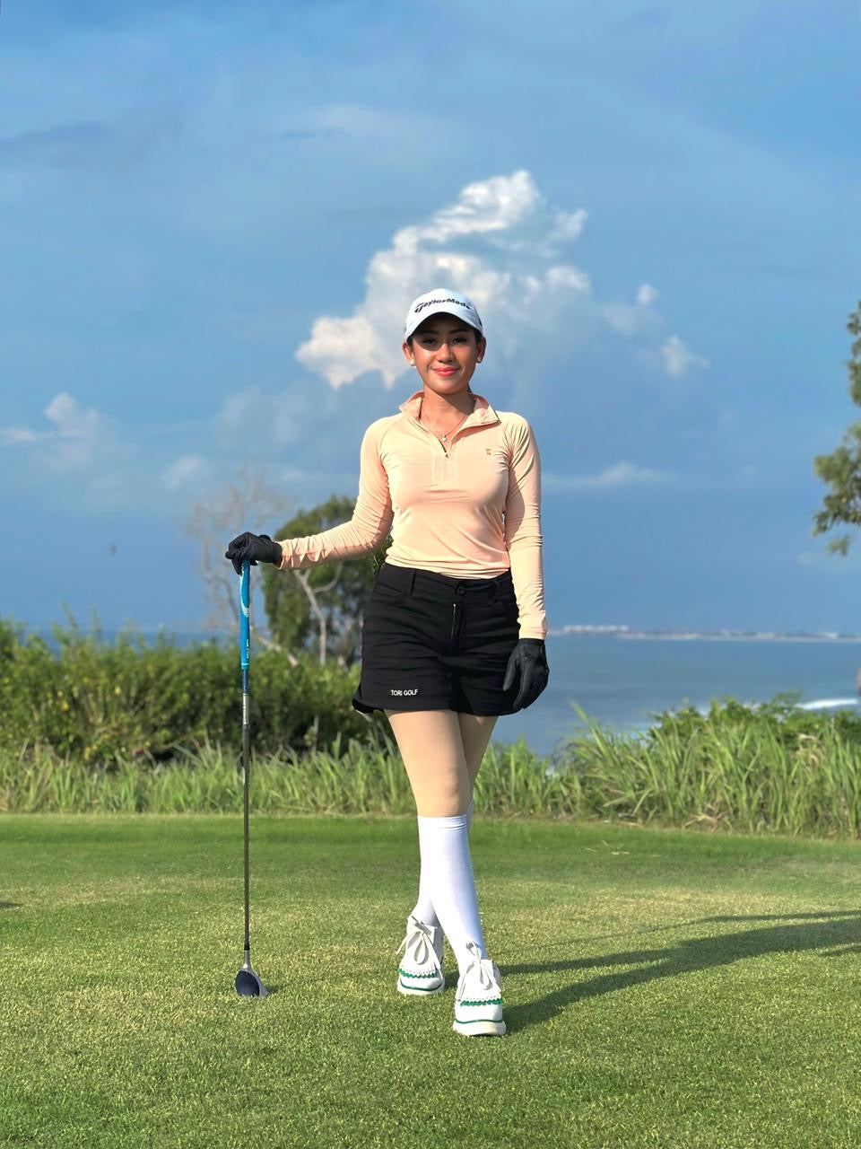 LT-099B || Ladies Top Long Sleeve Light Orange with Fine Orange and White Stripes Motif Pin Striped Neck Trim and Underarm Panels Mock Turtle Zipper Neck