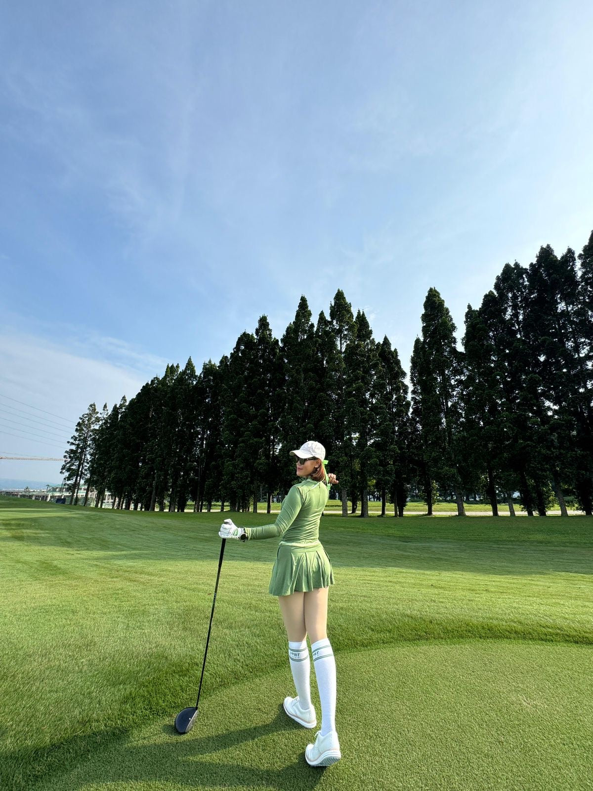 LGS-017 || Golf Set (Top & Skirt) Teranium Green with Midgreen and White Modern Batik Underarm Breathable Material Panels & Vertical Pleated / Frilled Crewneck and Pleated / Frilled Long Sleeve Cuffs