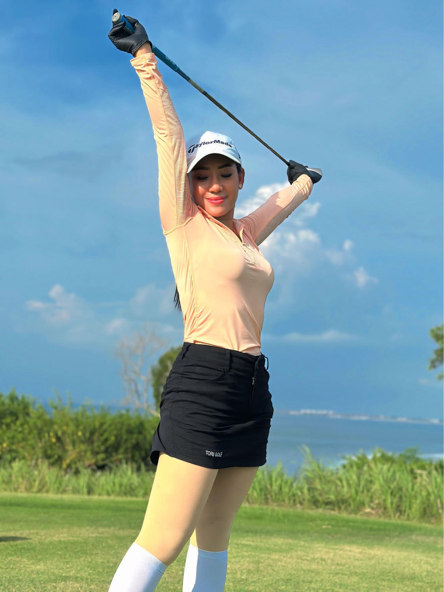 LT-099B || Ladies Top Long Sleeve Light Orange with Fine Orange and White Stripes Motif Pin Striped Neck Trim and Underarm Panels Mock Turtle Zipper Neck