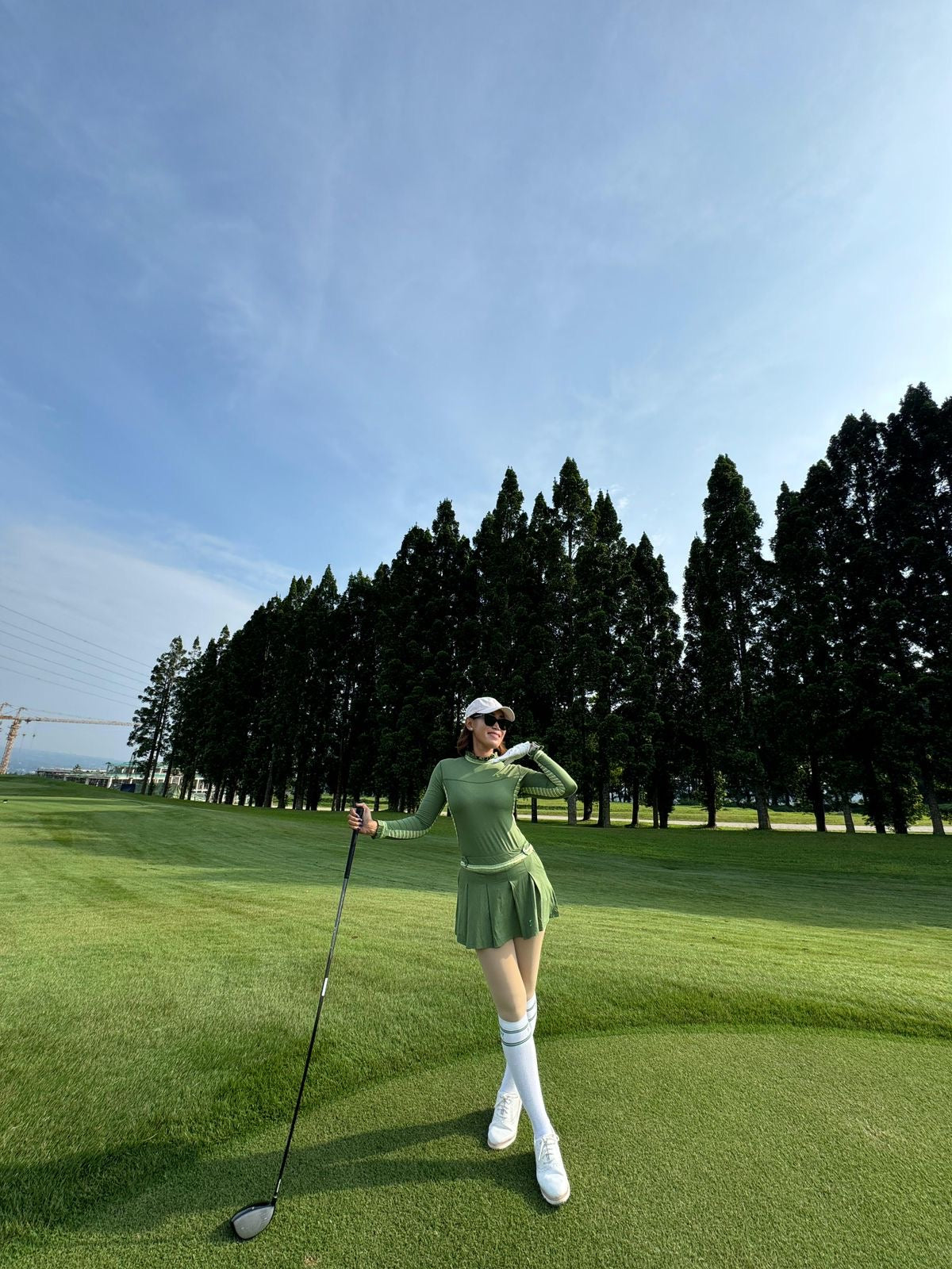 LGS-017 || Golf Set (Top & Skirt) Teranium Green with Midgreen and White Modern Batik Underarm Breathable Material Panels & Vertical Pleated / Frilled Crewneck and Pleated / Frilled Long Sleeve Cuffs