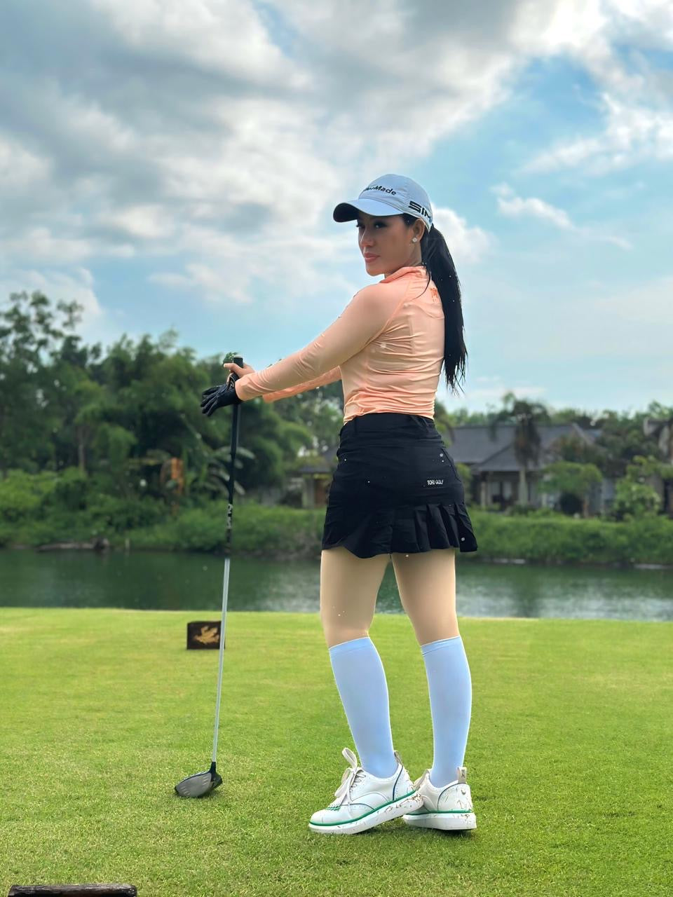 LT-099B || Ladies Top Long Sleeve Light Orange with Fine Orange and White Stripes Motif Pin Striped Neck Trim and Underarm Panels Mock Turtle Zipper Neck