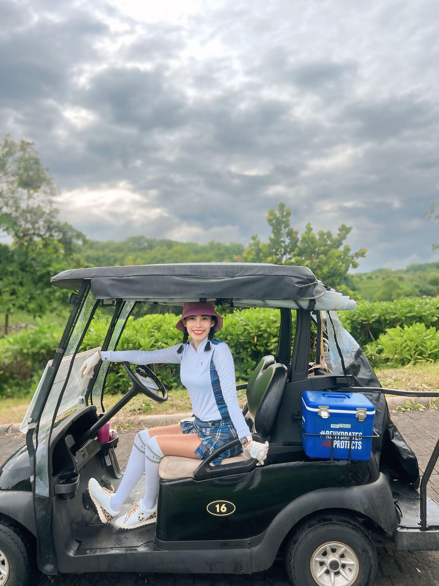LGS-020 || Golf Set – Top White Long Sleeve Mandarin / Vee Neck Zip Fastened Mid Blue, Light Blue and Brown Tartan Breathable Side & Shoulder Panels with Mid Blue, Light Blue and Brown Tartan Skirt Button Waist Fastening Contoured Pleated Short Hem
