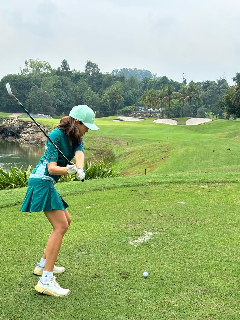 GD-017A || Golf Dress Dark Green, Open V Neck Mandarin Collar Pleated Swing Hem with White and Green Fine striped Motif Breathable Underarm and Above Hemline Trim Panels, 2 Side Pockets Mid Length Short Sleeves