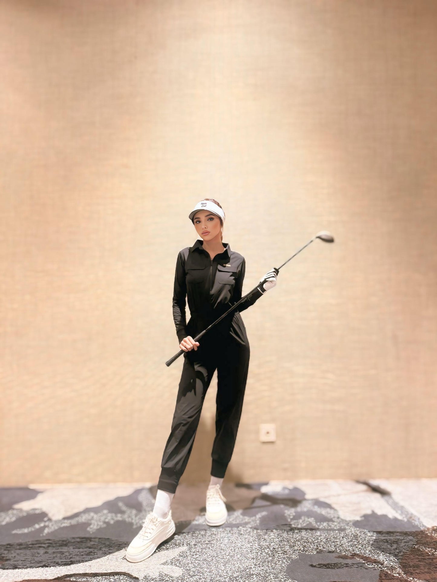 LJS-001 || Ladies Golf Jumpsuit Long Sleeve with Collar Neck Black Color and Long Pants, with a Zipper in Front and 2 Pockets on The Right and Left of The Chest and Elastic Band on The Waist
